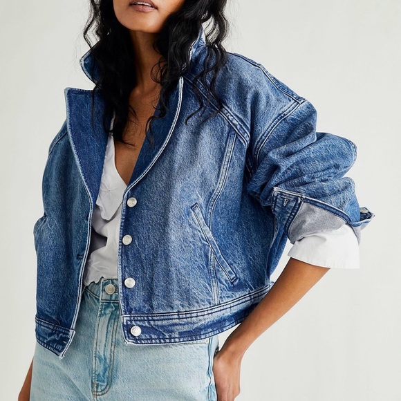 We the free Free People Now or Never Dark Wash Cropped Denim Jacket - Picture 3 of 8